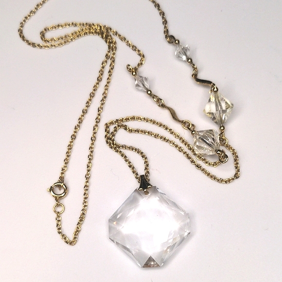 Crystal Pendant Necklace Faceted Stones Gold Tone 25" Chain - Picture 1 of 4
